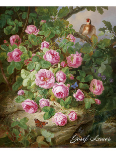 玫瑰小鸟和蝴蝶 Josef Lauer奥地利静物花卉油画客厅玄关装饰画芯