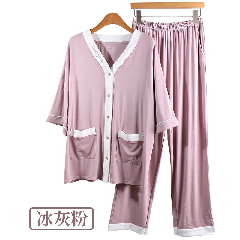 夏caser凯撒女士本草棉开襟刺绣家居服套装短袖长裤睡衣BL02-3858