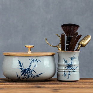手绘茶洗有盖草木灰陶瓷水洗竹报平安水盂茶道配件装茶杯器皿茶缸