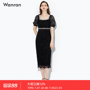 2026夏季新款气质方领优雅泡泡袖收腰蕾丝连衣裙女性感修身长裙