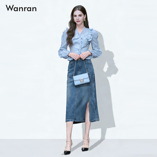 2026春季新款法式气质荷叶边V领收腰短款长袖衬衫+牛仔半裙套装