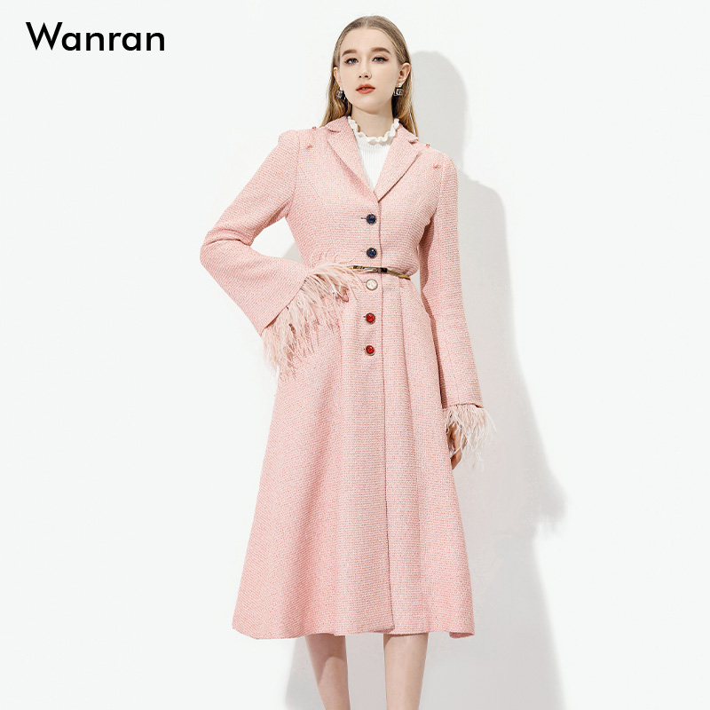 2025秋装新款 欧美复古风优雅两穿收腰大摆粗花呢毛呢大衣外套