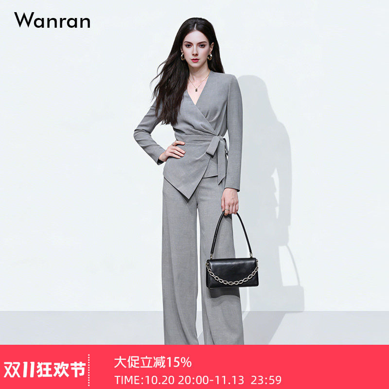2026秋季新款系带V领收腰显瘦不规则上衣+高腰垂感休闲阔腿裤套装