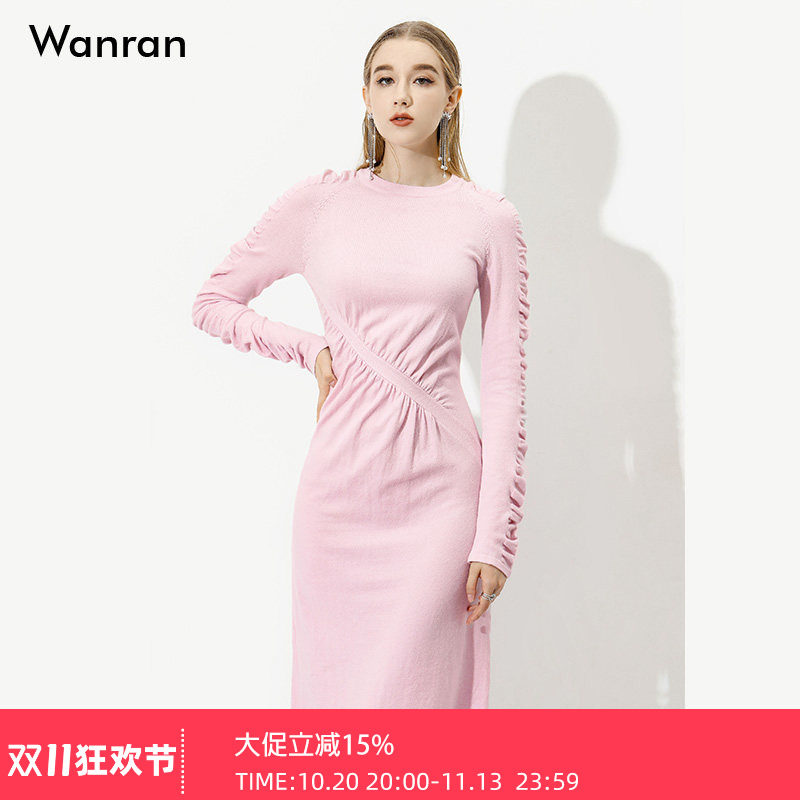 2026新款秋装欧美时尚抽褶修身中长款包臀毛织长袖连衣裙