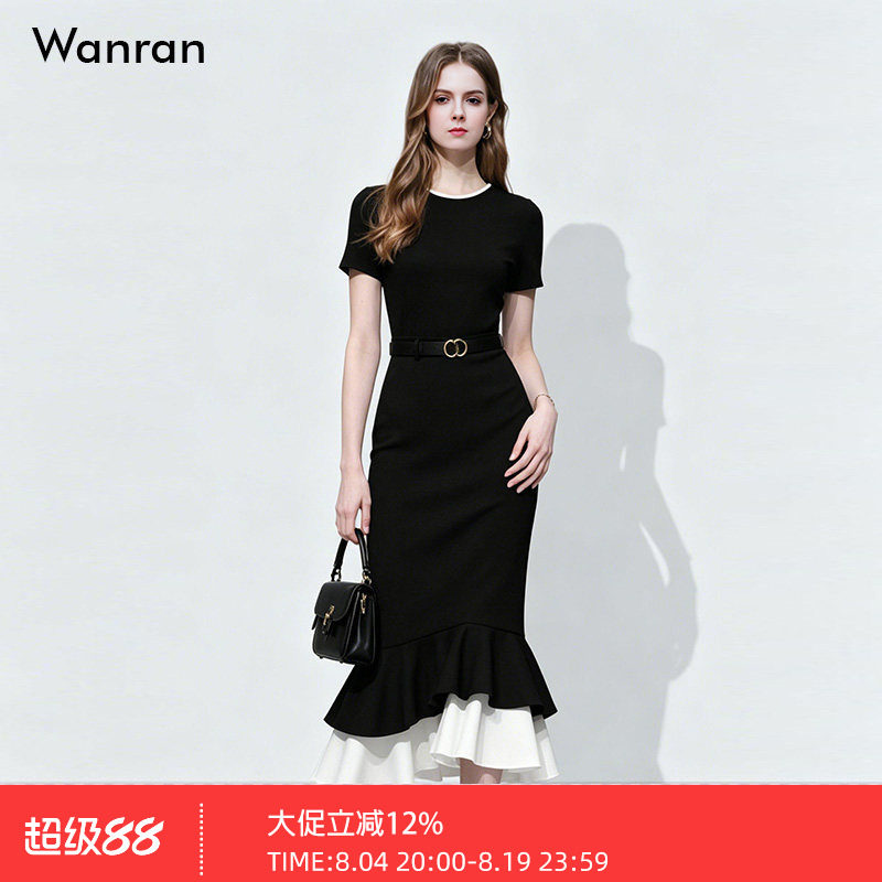 2026夏季新款时尚气质圆领修身显瘦荷叶边撞色长裙黑色连衣裙女