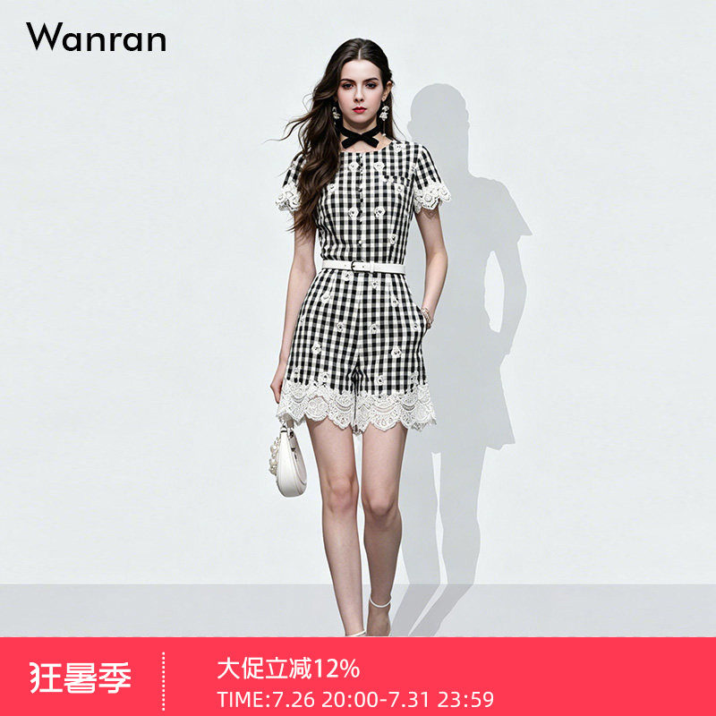 2026夏季新款时尚千金风蕾丝拼接系带A字撞色玫瑰花格子连体裤女