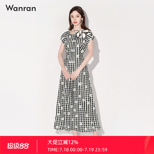 2025夏季 法式 氣質黑白格玫瑰刺繡長裙泡泡袖 收腰大擺連衣裙女 新款