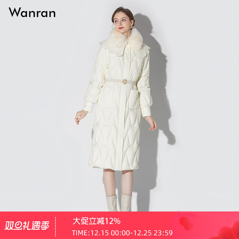 2025冬季新款时尚气质狐狸毛领蕾丝花边披肩杏色中长羽绒服外套