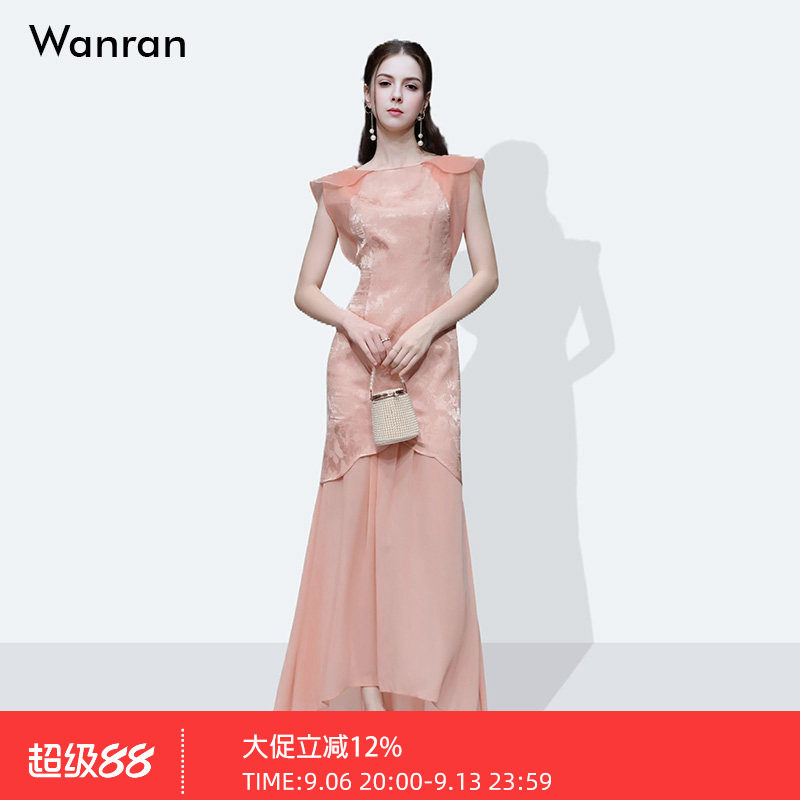 2026夏季新款时尚气质一字领荷叶袖收腰花朵型性感雪纺拼接连衣裙
