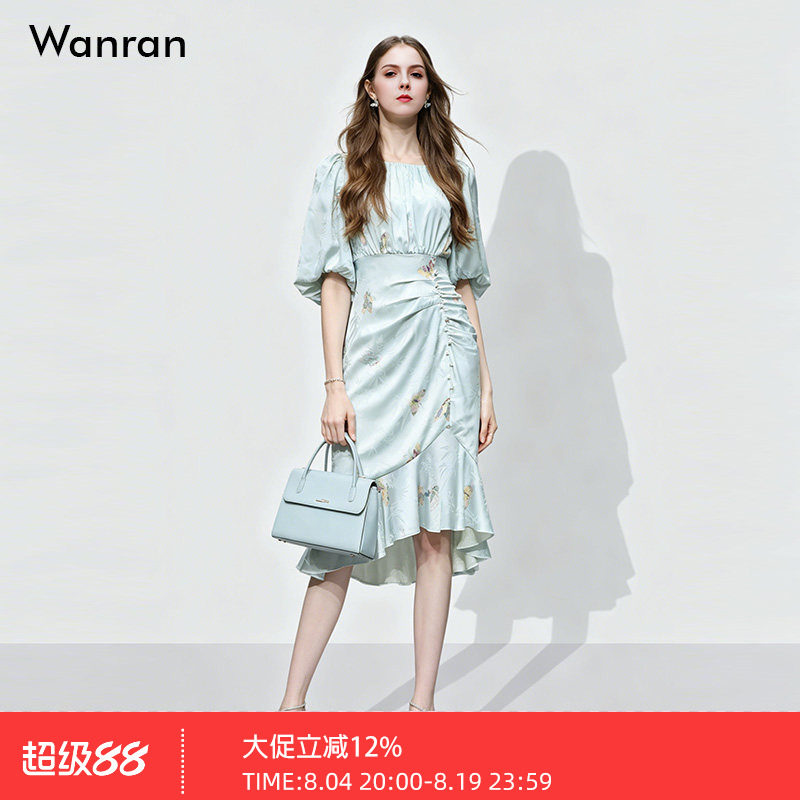 2026夏季新款气质灯笼袖收腰显瘦提花印花不规则鱼尾裙连衣裙