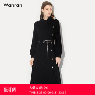 2026春季新款时尚高领灯笼袖黑色多穿中长款开针织叉连衣裙女装