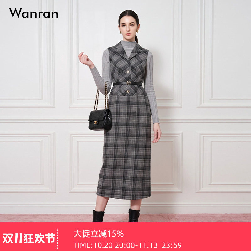 2026秋季新款时尚气质翻领无袖收腰直筒长裙学院风格子连衣裙女