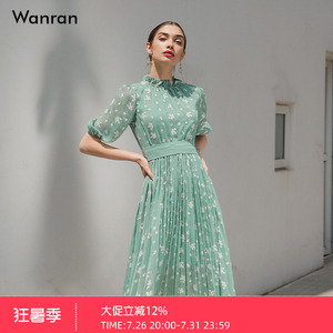 2026夏装新款复古气质果绿色碎花仙女裙子雪纺短袖连衣裙中长裙