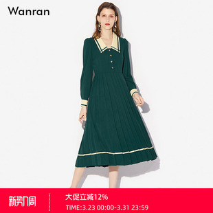 裙子 气质墨绿色复古气质收腰压褶大摆连衣裙长袖 2026秋季 新款