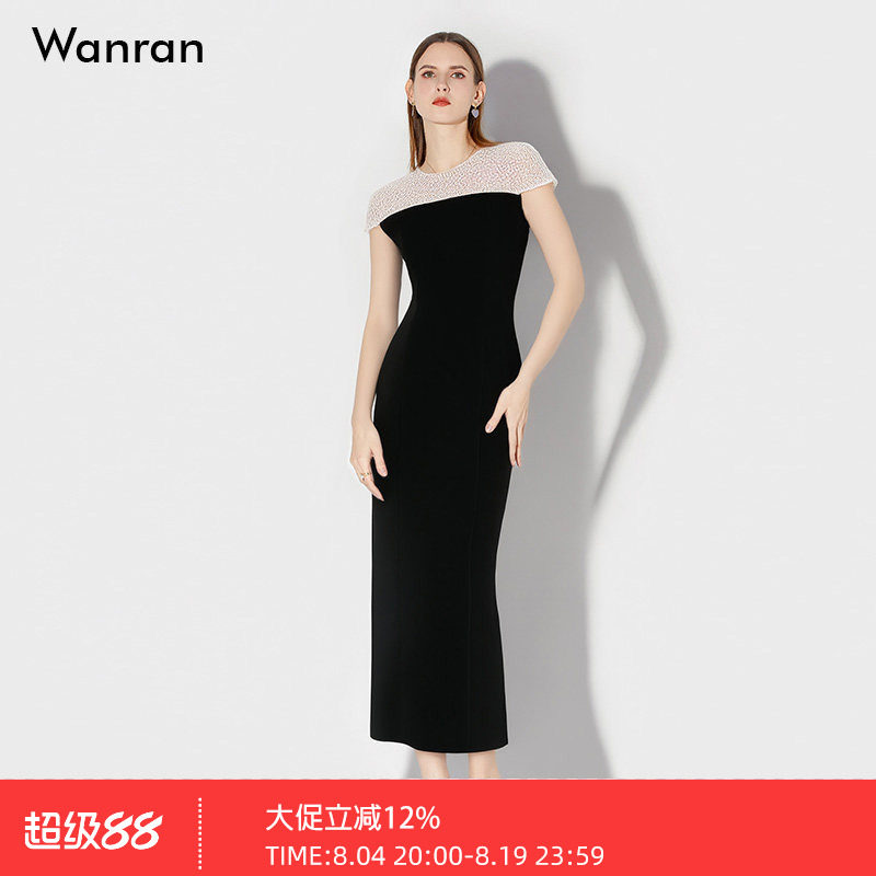 2026年夏季新款时尚法式简约撞色蕾丝收腰显瘦长裙直筒开衩连衣裙