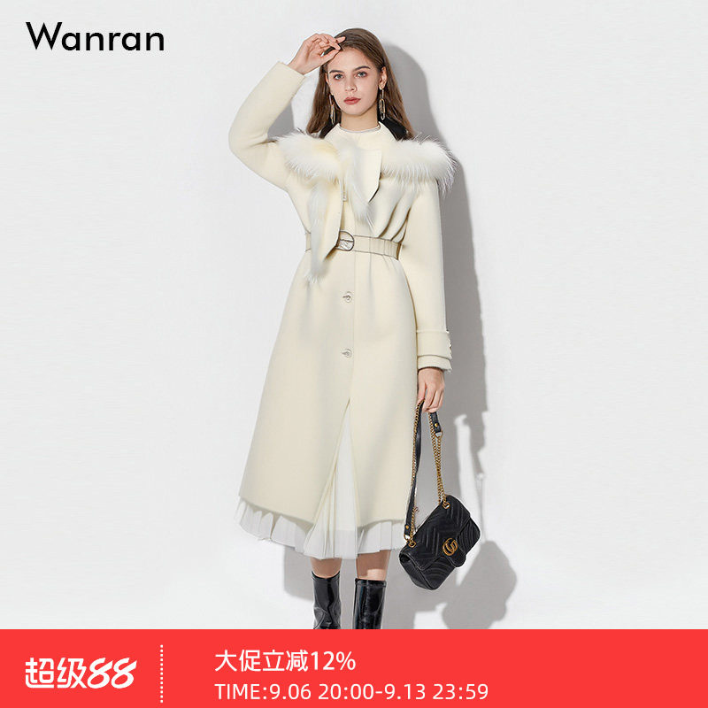 2026冬季新款欧美时尚名媛范定制狐狸毛领中长款米白色双面呢大衣
