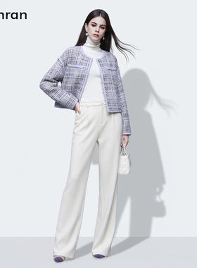 2025冬季新款富家千金风小香贴袋设计宽松短款羊毛粗花呢大衣外套