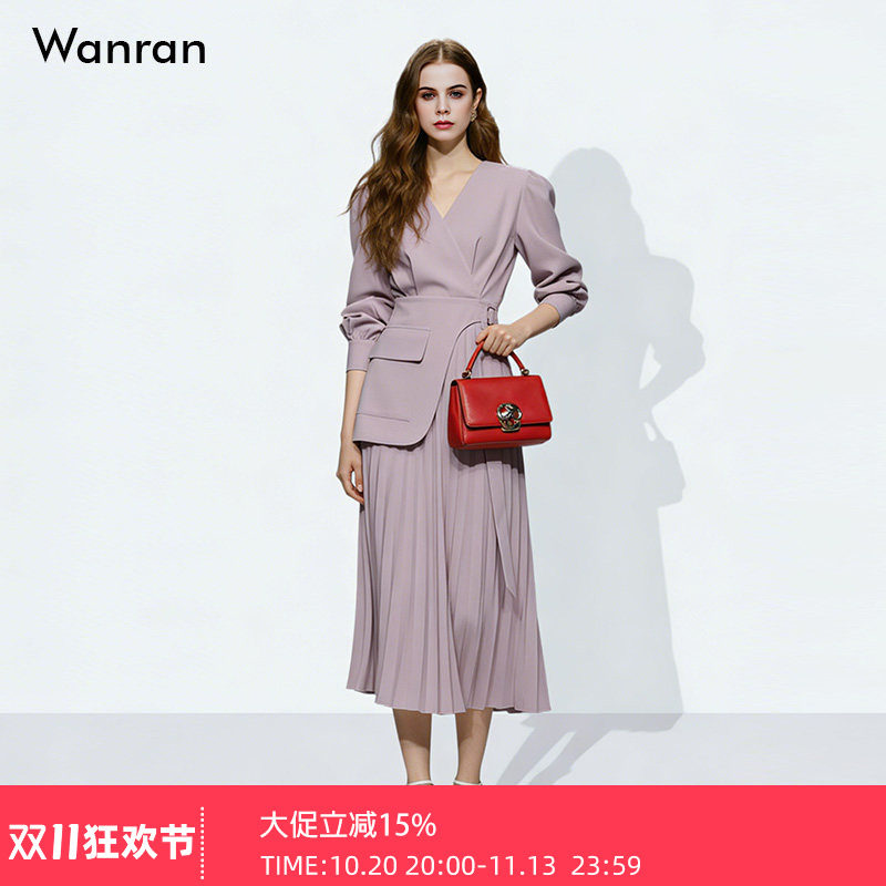 时尚连衣裙女2026早秋高级感收腰气质西装通勤V领显瘦长裙女装