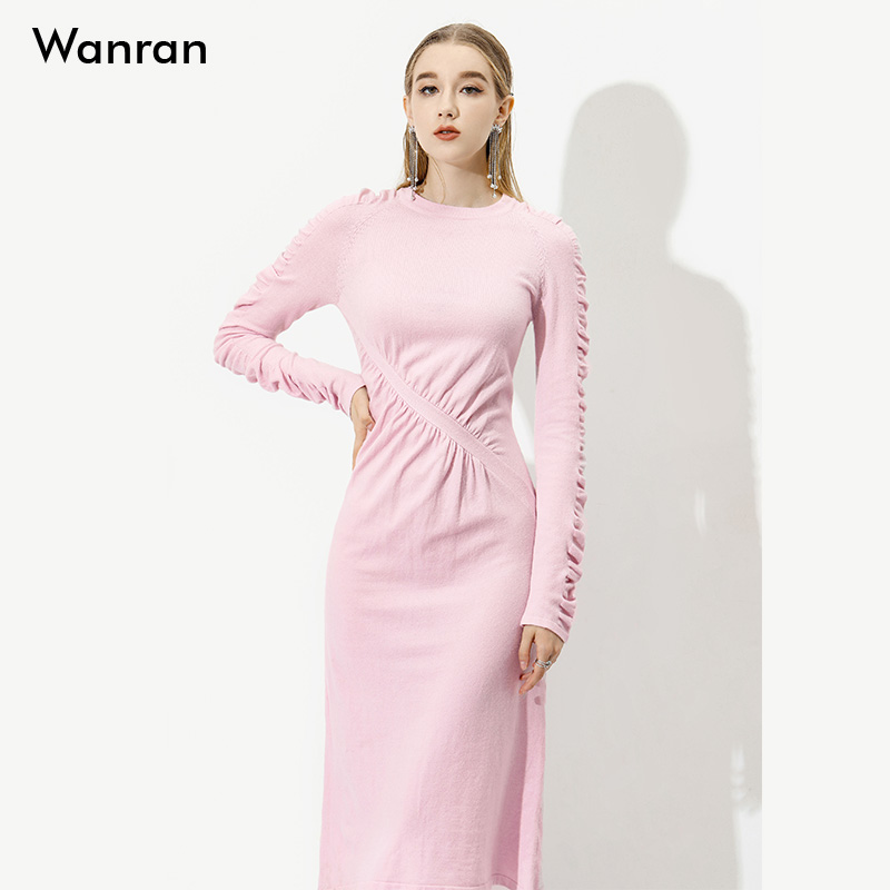 2025新款秋装欧美时尚抽褶修身中长款包臀毛织长袖连衣裙