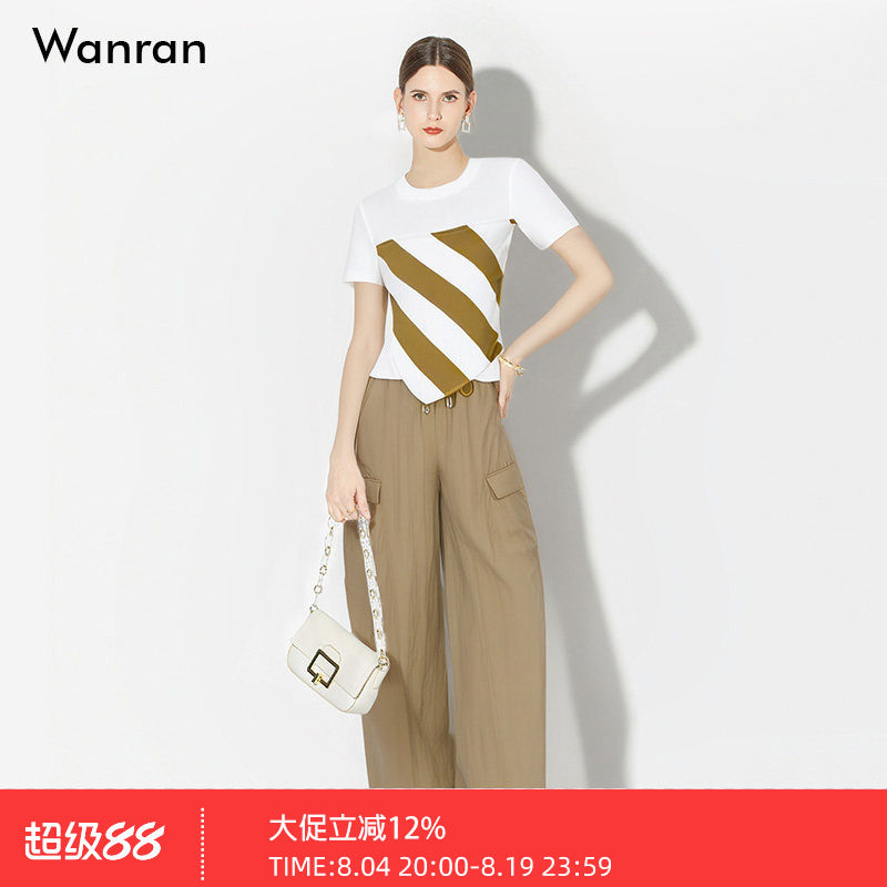2026夏季新款时尚潮流圆领丝巾拼接T恤+高腰弯刀裤工装风长裤套装