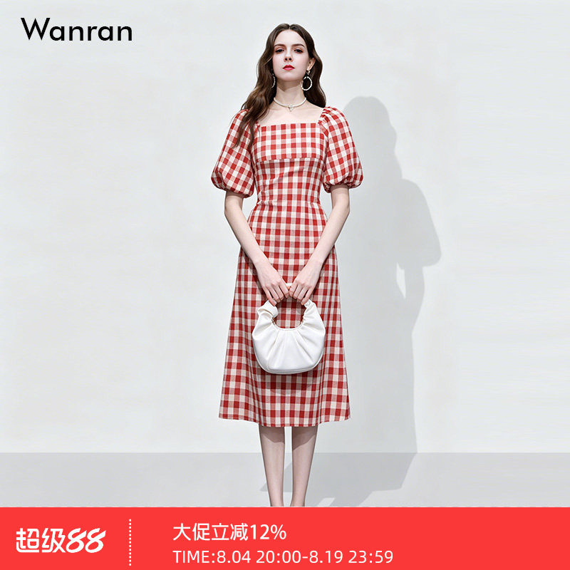 夏季女装2026新款甜美减龄红白格纹泡泡袖修身收腰显瘦连衣裙长裙