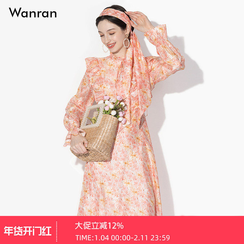 2026春新款时尚法式长裙荷叶边灯笼袖收腰大摆印花雪纺连衣裙,女装/女士精品,连衣裙,淘宝优惠券,粉丝福利购,淘宝优惠卷