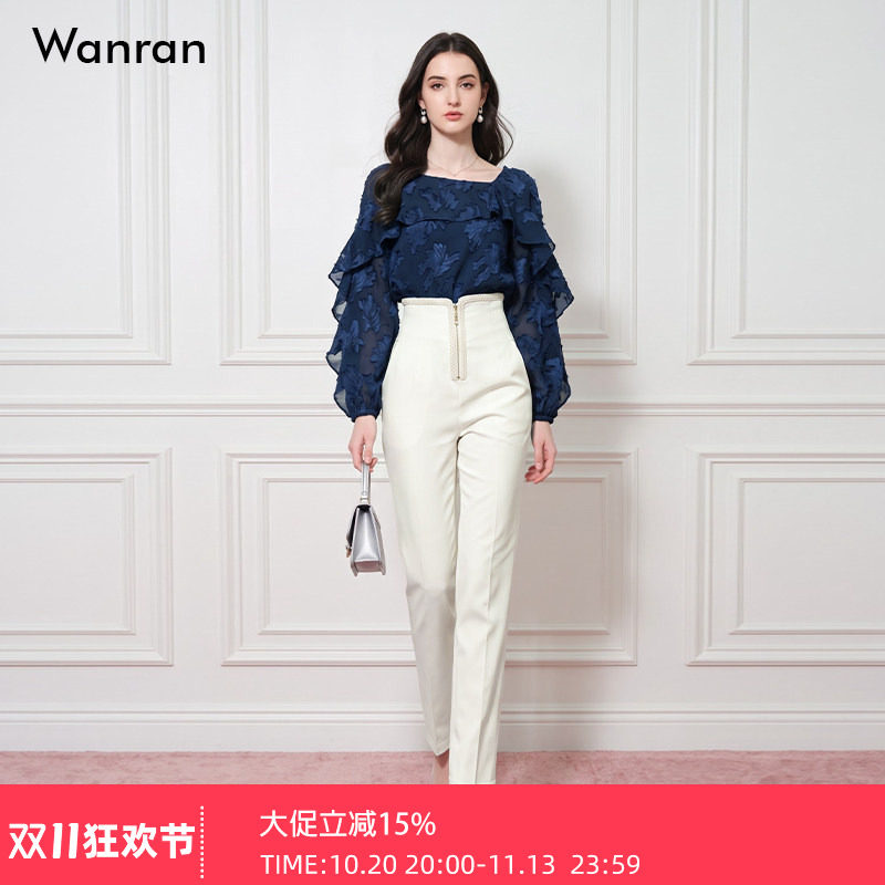 2026秋季新款时尚名媛雪纺提花荷叶边上衣高腰显瘦铅笔裤长裤套装