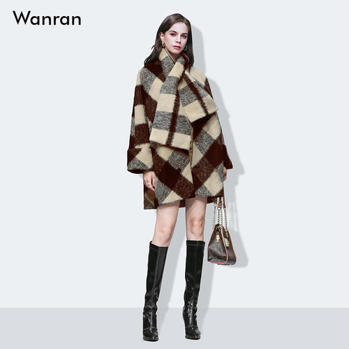 2025秋冬季新款时尚复古撞色格子围巾设计加厚休闲宽松毛呢大衣