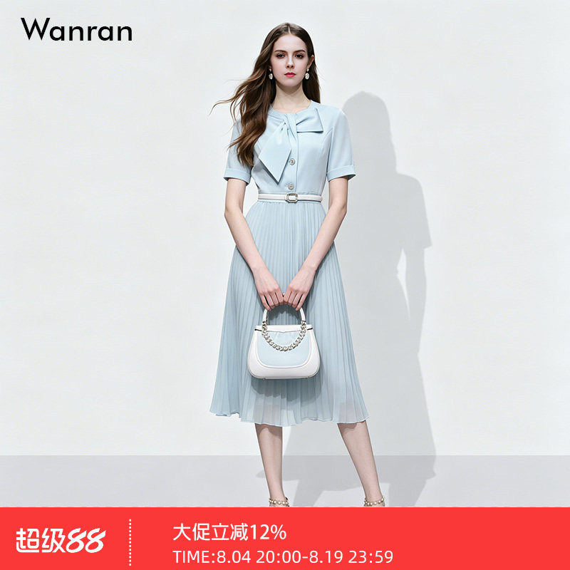 2026夏季新款法式气质设计感蝴蝶结收腰大摆百褶裙中长款连衣裙女