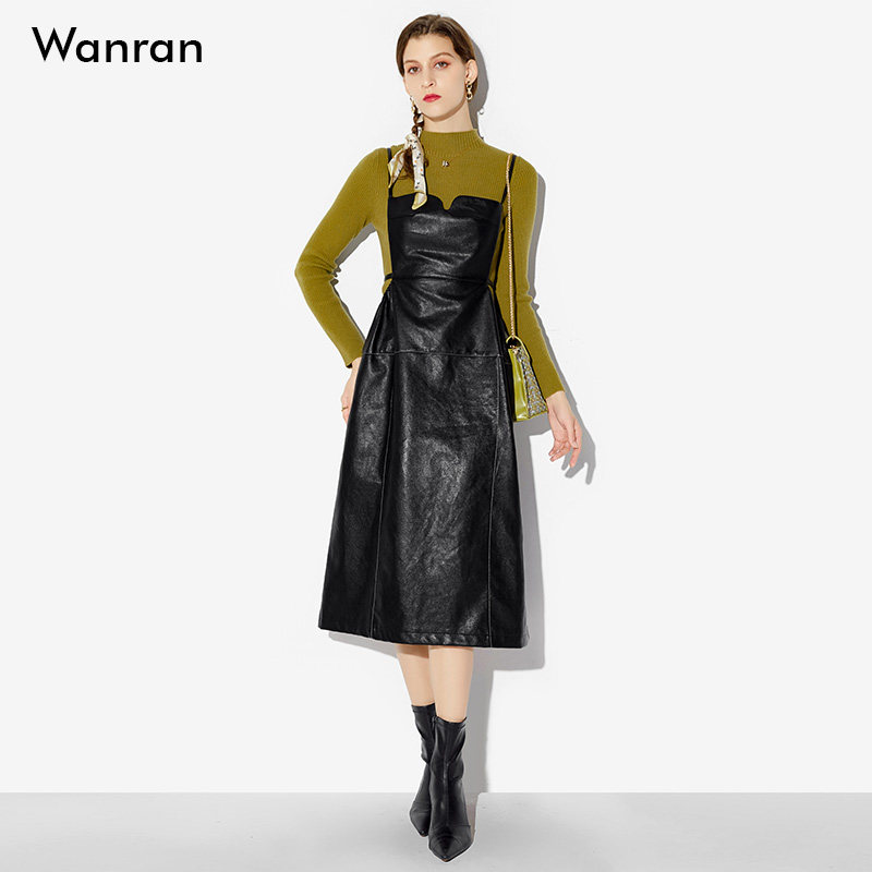 春季2026新款女装黑色气质性感收腰皮裙吊带裙长裙连衣裙