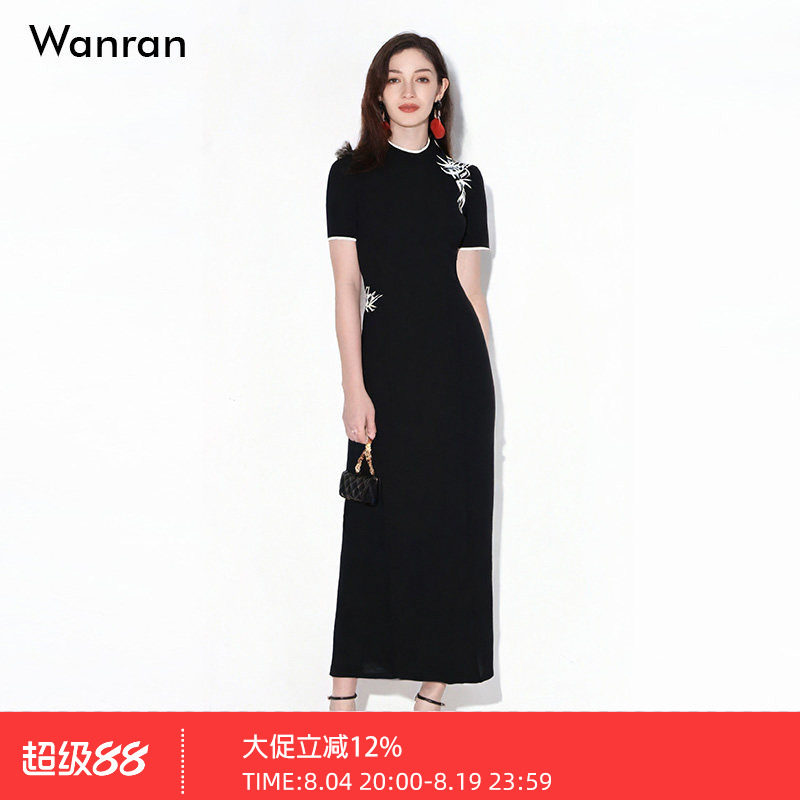 2026夏季新款气质新中式连衣裙修身显瘦黑色长裙竹叶刺绣旗袍