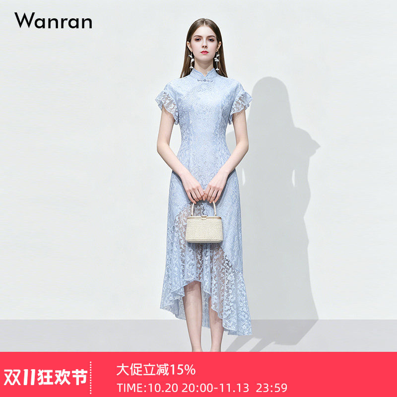 2026夏季新款新中式气质立领短袖收腰不规则鱼尾摆蕾丝旗袍连衣裙