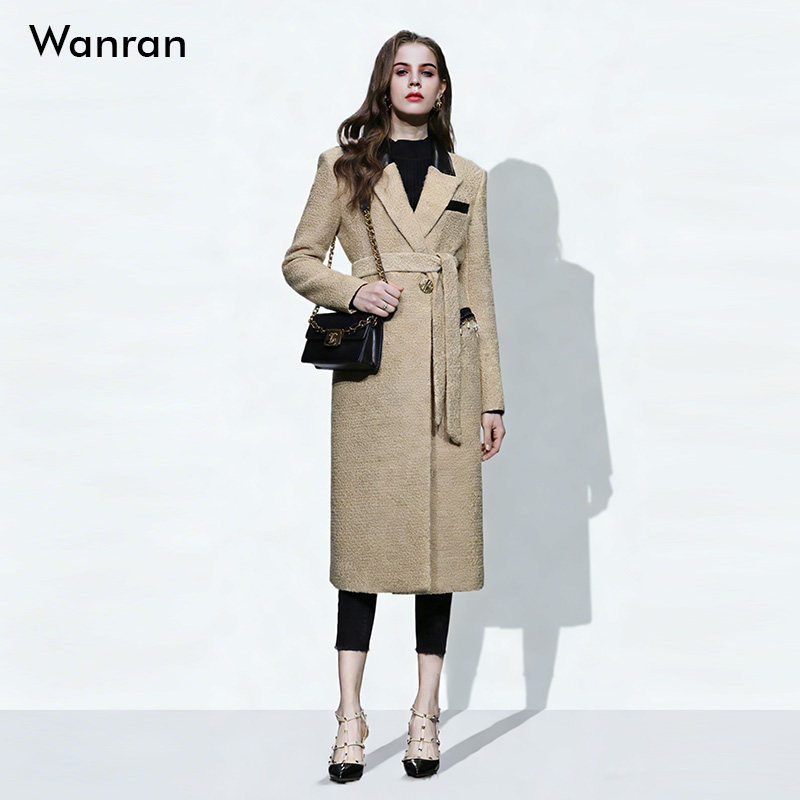 2026春季新款女装时尚气质驼色西装领设计感拼接毛呢大衣外套
