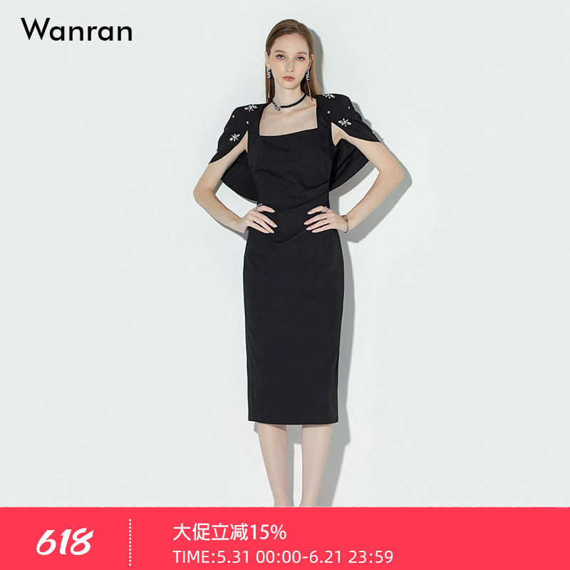 莞然2026夏新款女装方领千金风小礼服褶裥一步小黑裙手工优雅气质