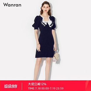2025夏季 女氣質泡泡袖 撞色甜美蝴蝶結約會法式 U領氣質連衣裙 新款