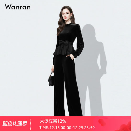 2025冬季新款法式复古赫本风圆领收腰荷叶上衣+高腰裤子丝绒套装