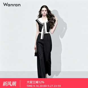 2026夏季新款时尚休闲撞色海军领系带显瘦长裤条纹连体裤女装