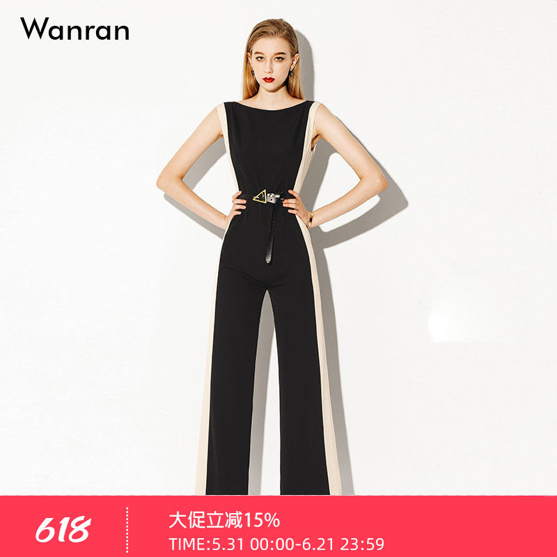 2026夏装新款 欧美时尚干练OL时装一字领无袖拼接直筒阔腿连体裤