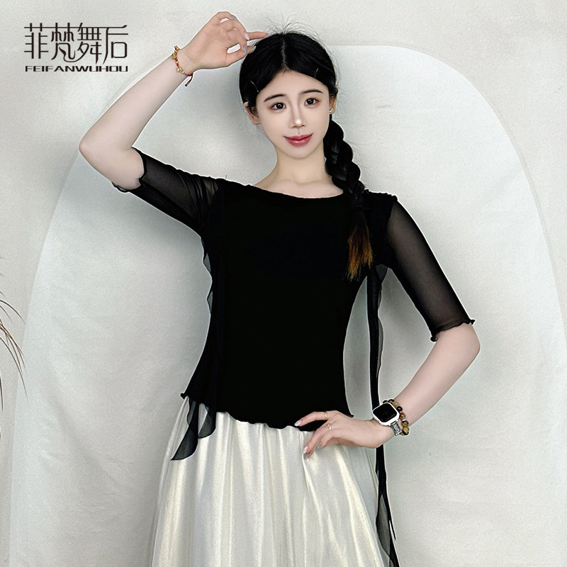 菲梵舞后高弹棉古典舞服装练功服女成人现代舞服上衣水纱中袖显瘦图片