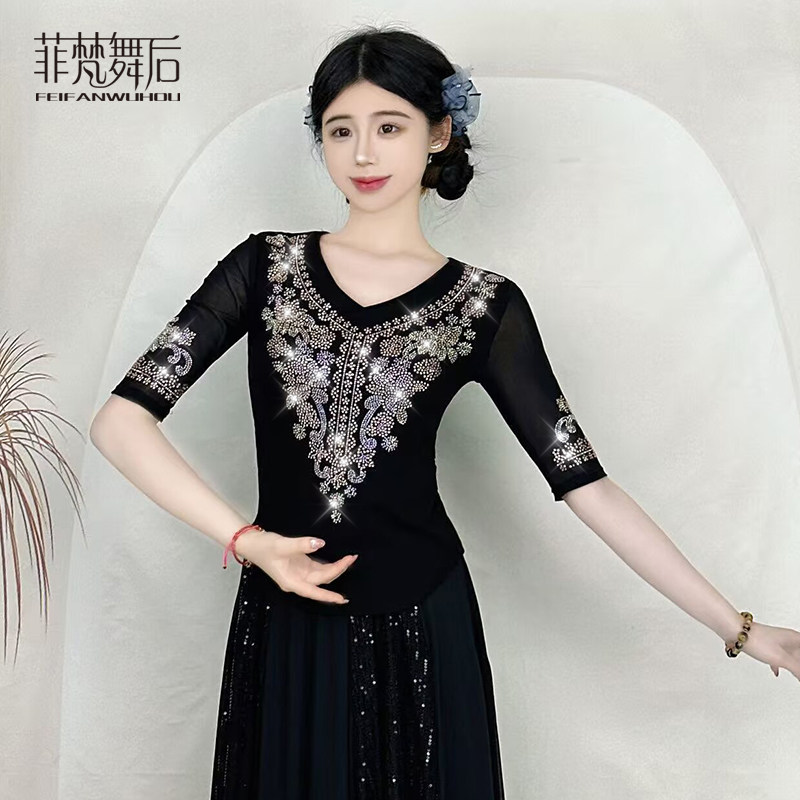 菲梵舞后新款烫钻舞蹈服上衣成人新疆舞短袖显瘦广场古典舞演出服图片