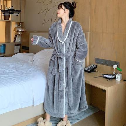珊瑚绒睡袍女款冬季2024新款加绒加厚灰色休闲风秋冬款睡衣家居服
