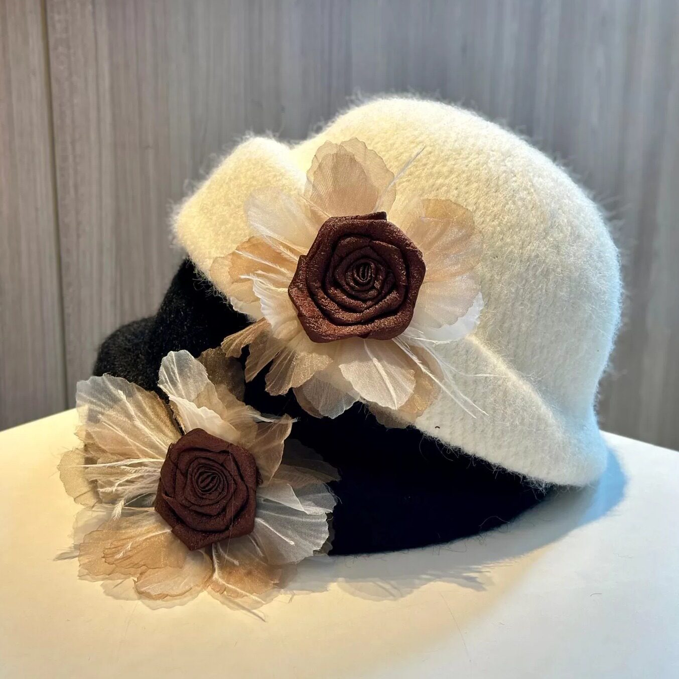 秋冬老钱风毛呢花朵装饰女礼帽