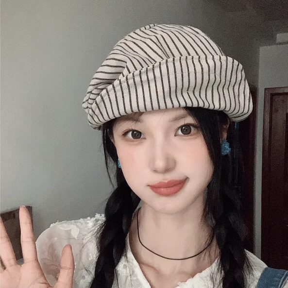 日系文艺复古条纹时尚褶皱贝雷帽