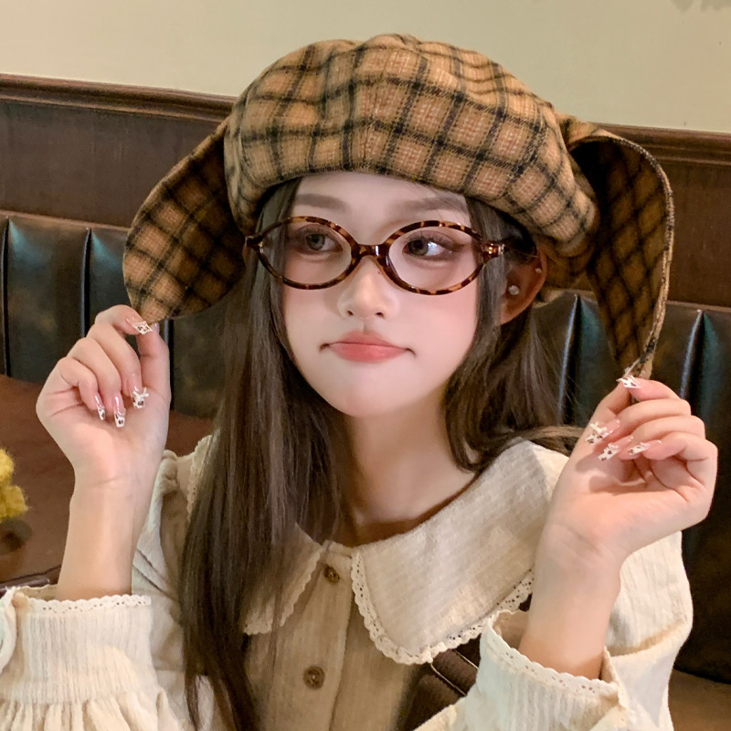 复古格纹可爱兔子八角帽子