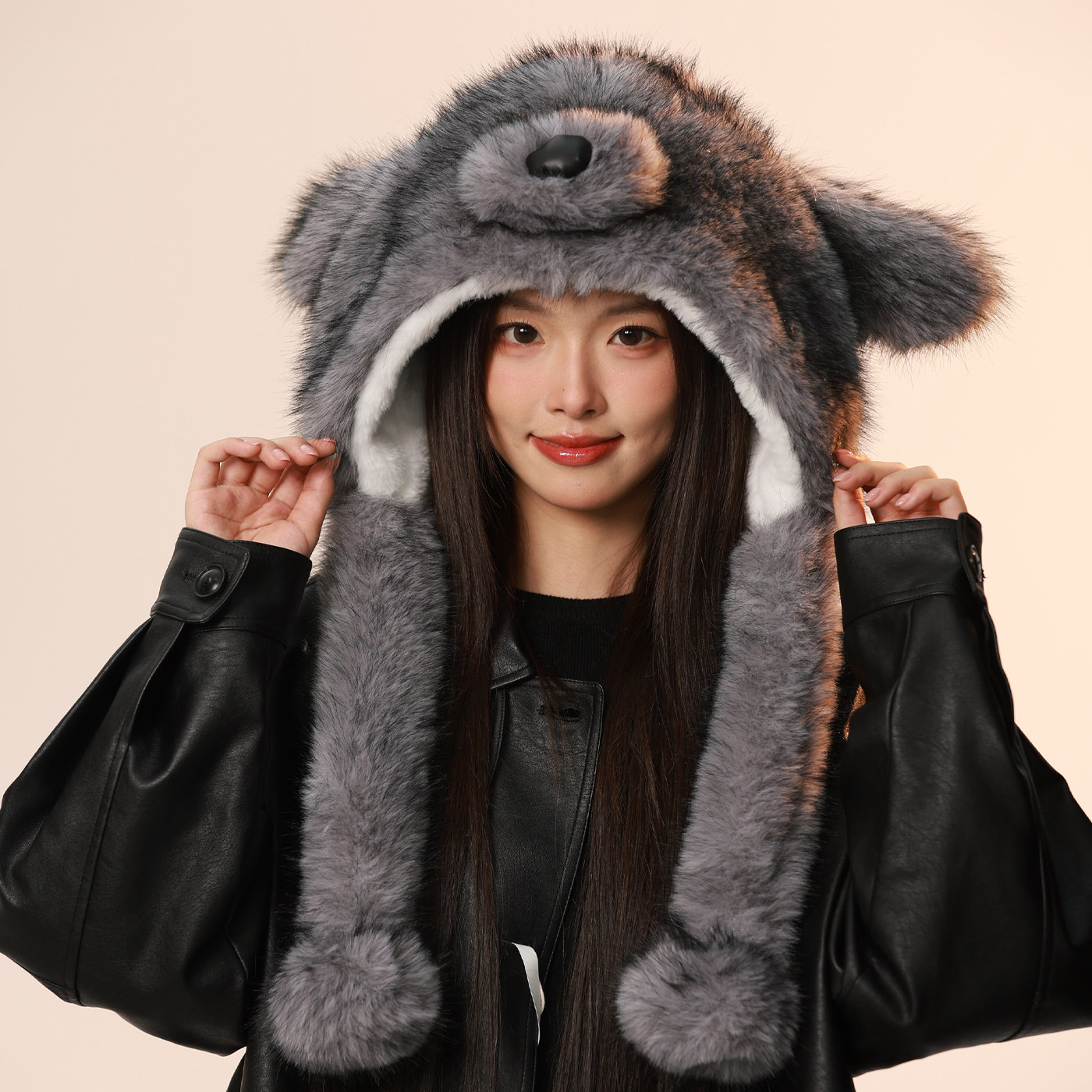 大鼻子可爱毛绒小熊帽子女