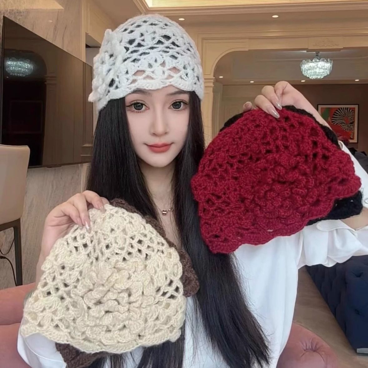 手工钩花镂空立体花朵包头帽子女