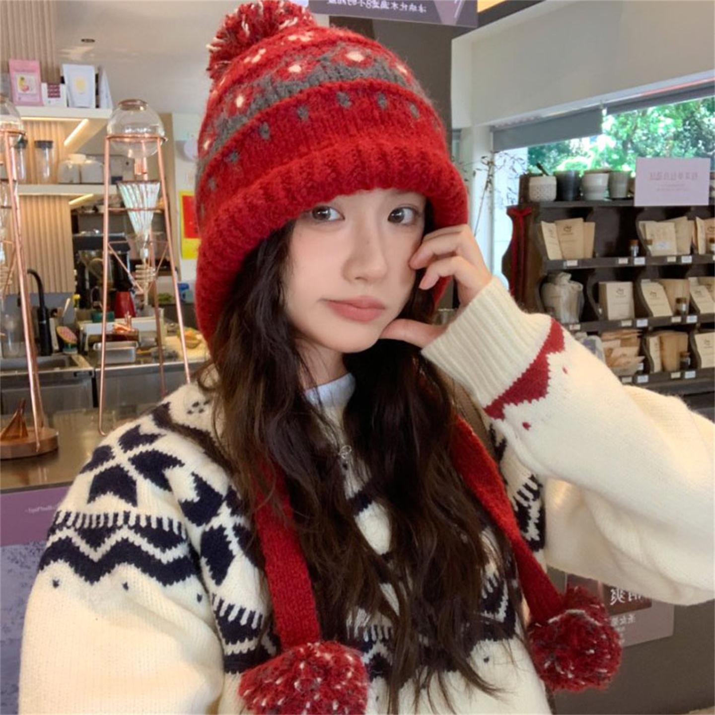 提花费尔岛风针织毛线帽女