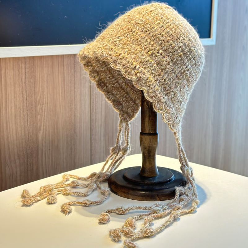 2025新款秋冬纯色绑带针织帽子女出游百搭休闲通勤简约流苏毛线帽