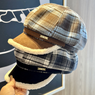 复古格纹保暖八角帽子女冬季毛绒加厚保暖显脸小百搭画家帽鸭舌帽