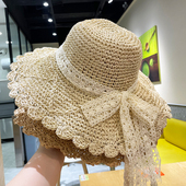 韩国可爱甜美草帽女蝴蝶结小清新小萝莉夏季 海边沙滩大帽檐遮阳帽